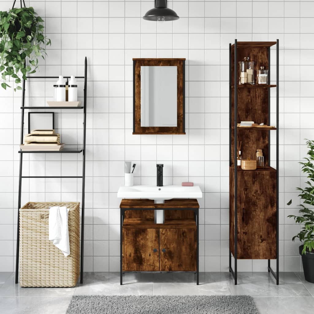 vidaXL Set mobilier de baie, 3 piese, stejar fumuriu, lemn prelucrat