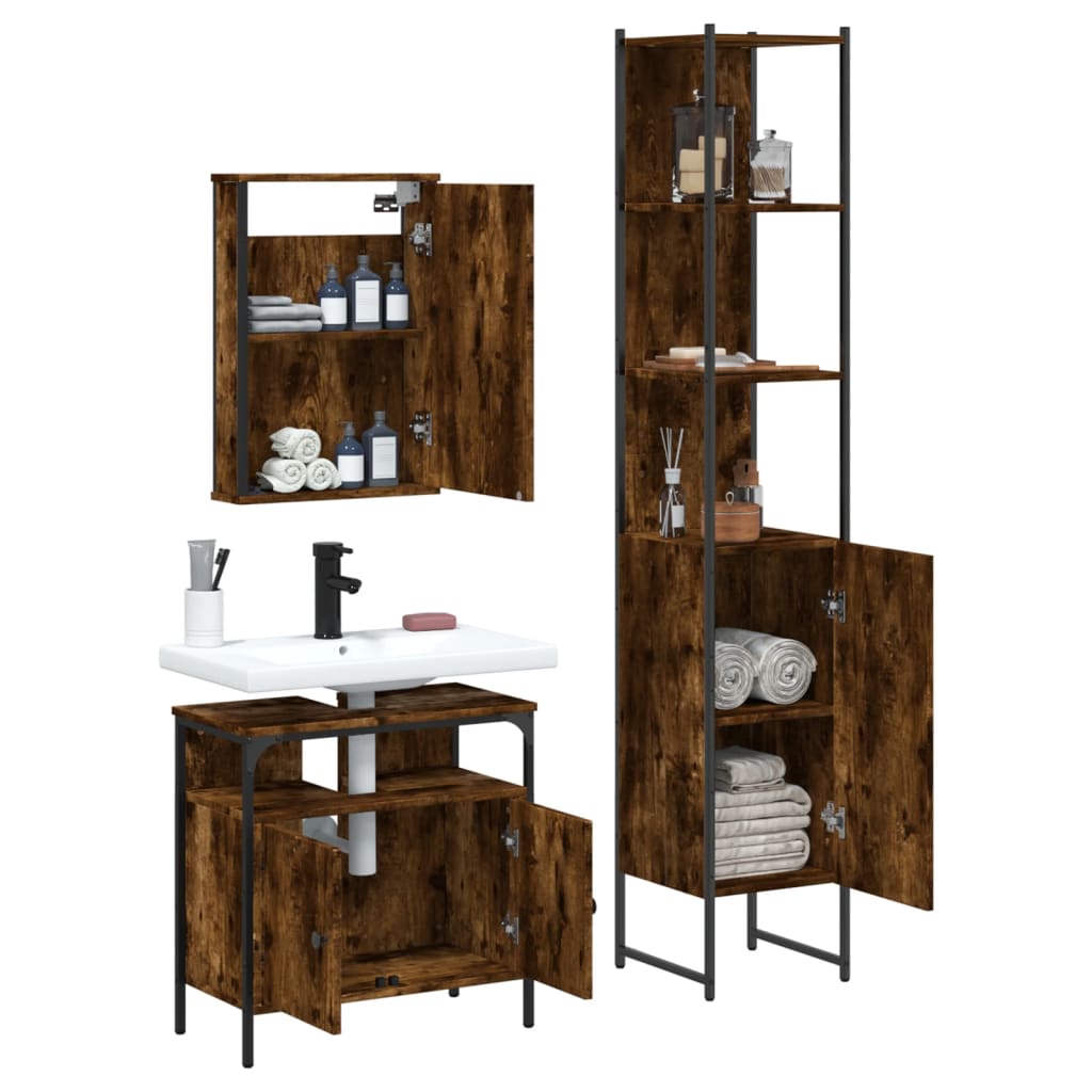 vidaXL Set mobilier de baie, 3 piese, stejar fumuriu, lemn prelucrat