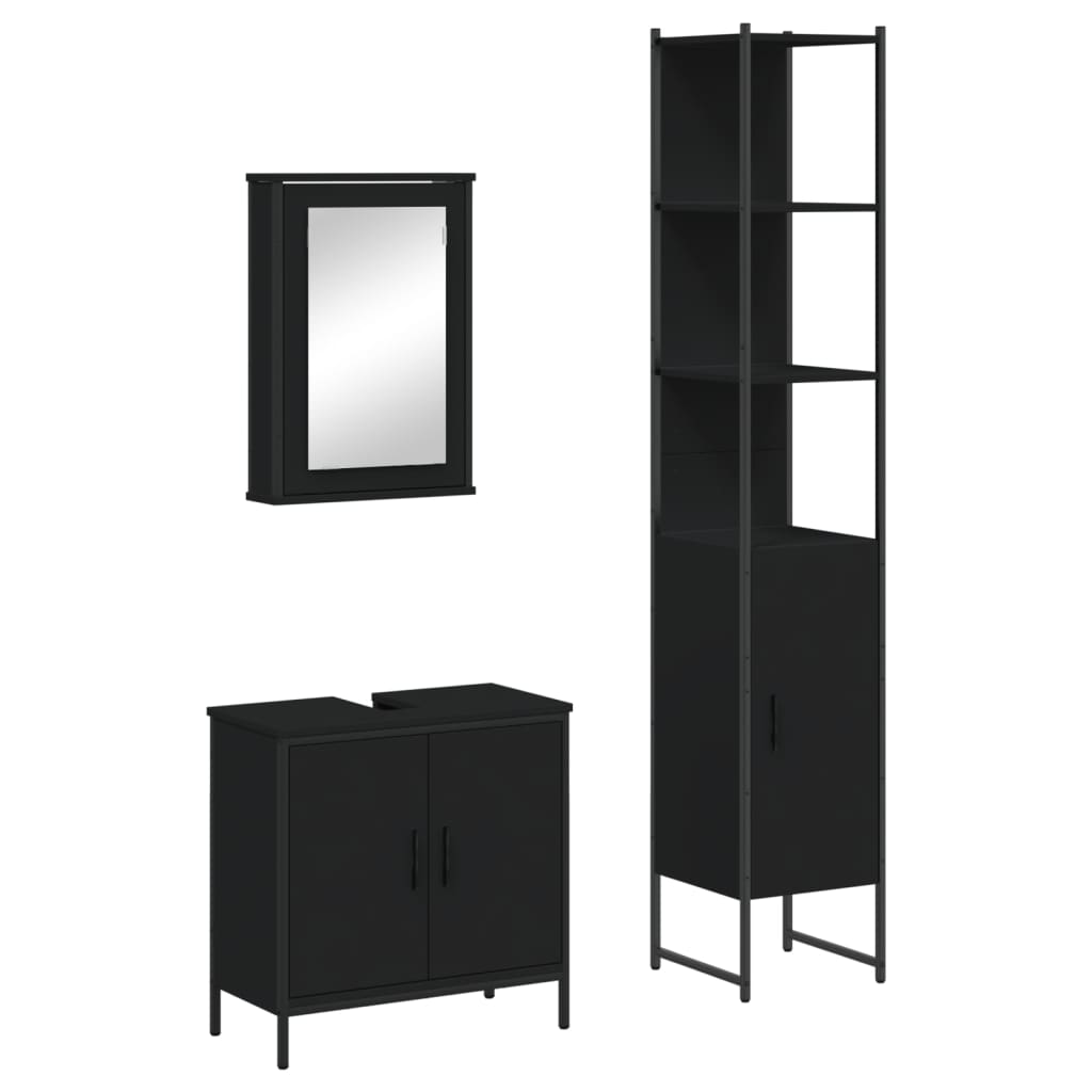 vidaXL Set mobilier de baie, 3 piese, negru, lemn compozit vidaXL Set mobilier de baie, 3 piese, negru, lemn compozit