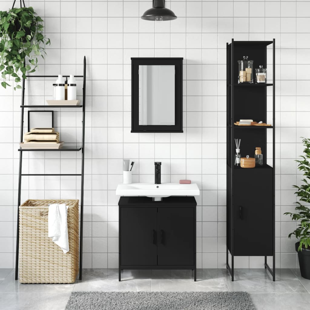 vidaXL Set mobilier de baie, 3 piese, negru, lemn compozit vidaXL Set mobilier de baie, 3 piese, negru, lemn compozit