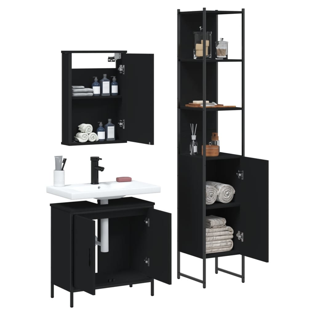 vidaXL Set mobilier de baie, 3 piese, negru, lemn compozit vidaXL Set mobilier de baie, 3 piese, negru, lemn compozit