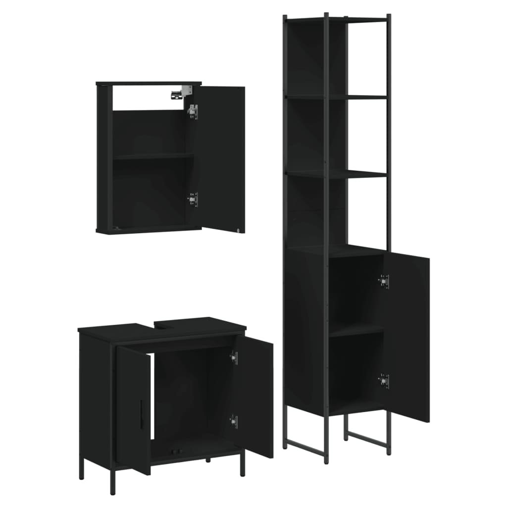 vidaXL Set mobilier de baie, 3 piese, negru, lemn compozit vidaXL Set mobilier de baie, 3 piese, negru, lemn compozit