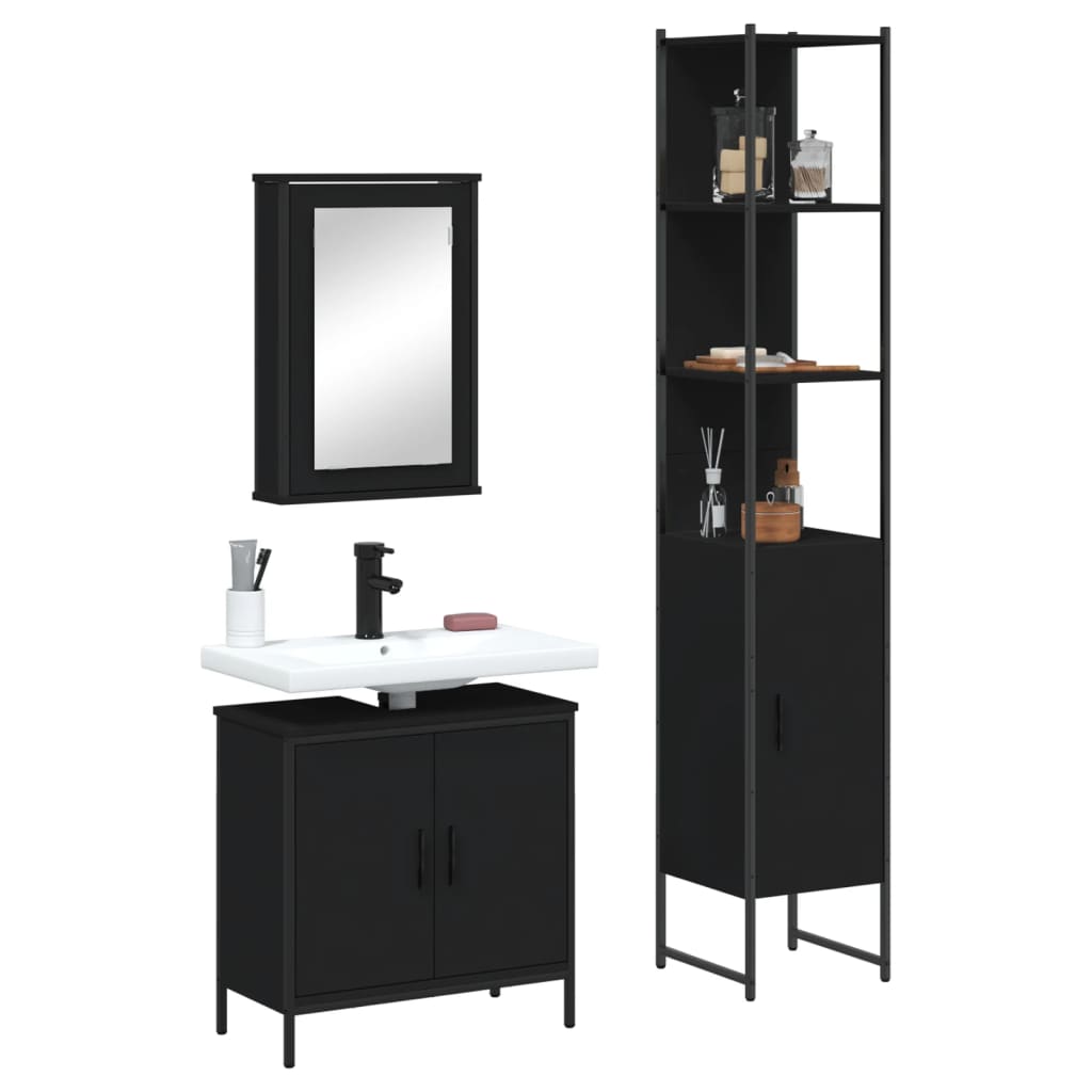 vidaXL Set mobilier de baie, 3 piese, negru, lemn compozit vidaXL Set mobilier de baie, 3 piese, negru, lemn compozit