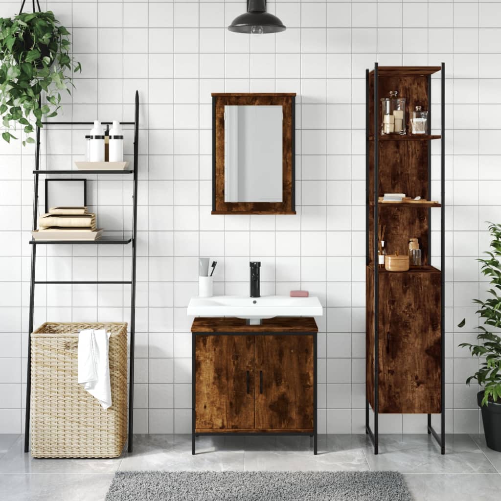 vidaXL Set mobilier de baie, 3 piese, stejar fumuriu, lemn prelucrat