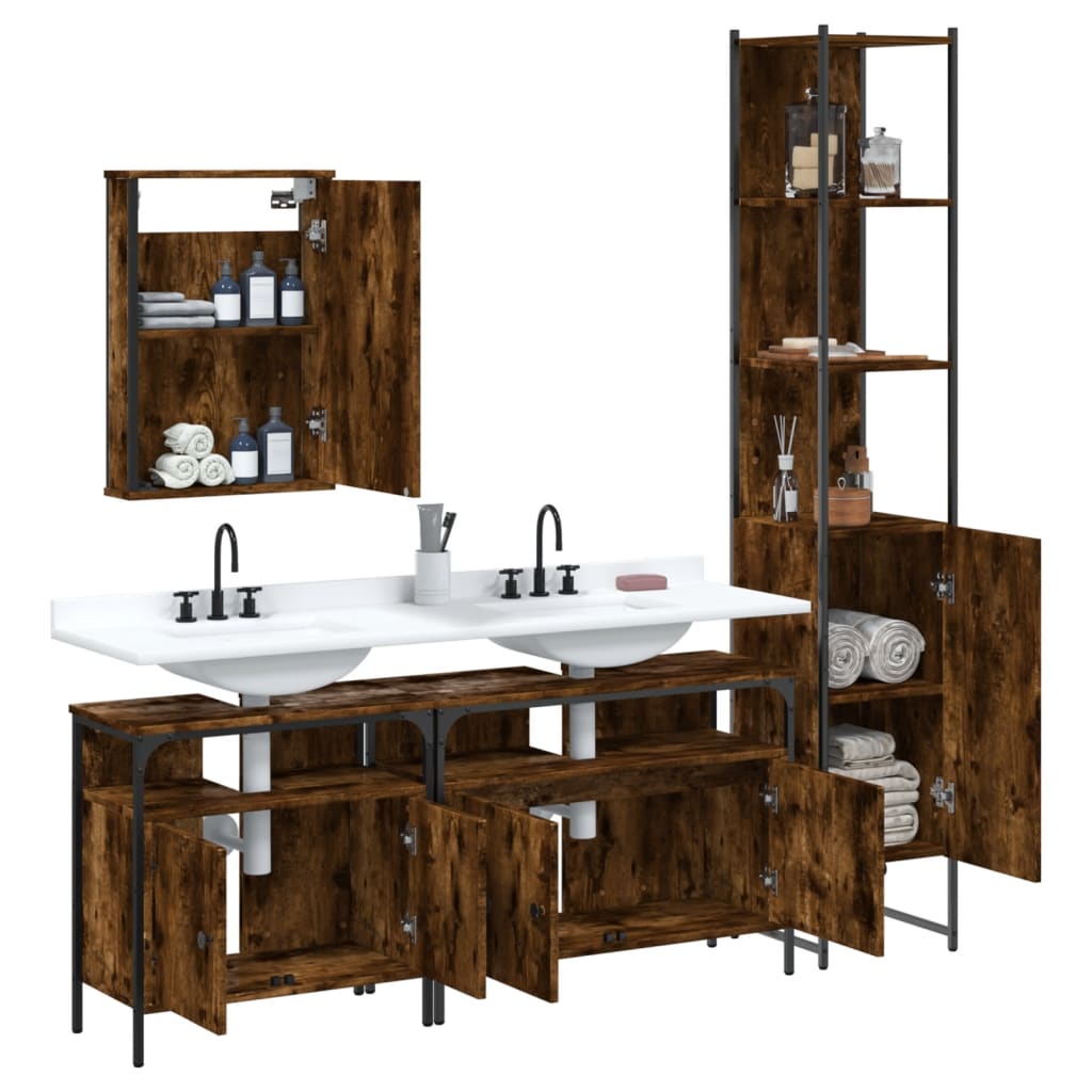 vidaXL Set mobilier de baie, 4 piese, stejar fumuriu, lemn prelucrat vidaXL Set mobilier de baie, 4 piese, stejar fumuriu, lemn prelucrat