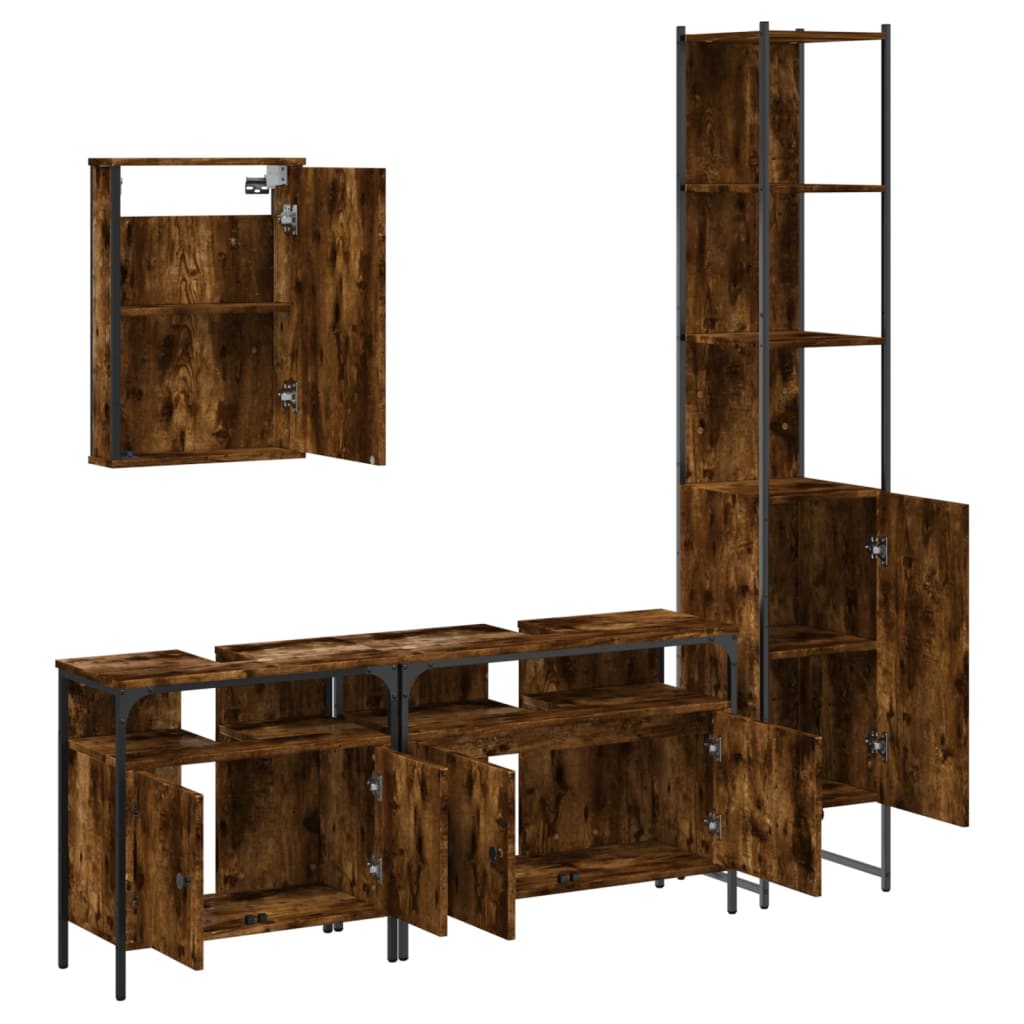vidaXL Set mobilier de baie, 4 piese, stejar fumuriu, lemn prelucrat vidaXL Set mobilier de baie, 4 piese, stejar fumuriu, lemn prelucrat