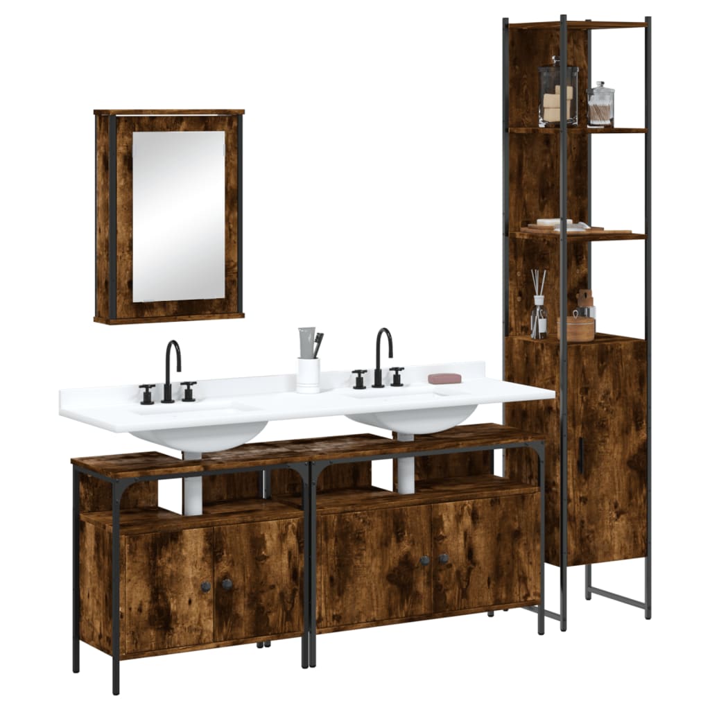 vidaXL Set mobilier de baie, 4 piese, stejar fumuriu, lemn prelucrat vidaXL Set mobilier de baie, 4 piese, stejar fumuriu, lemn prelucrat