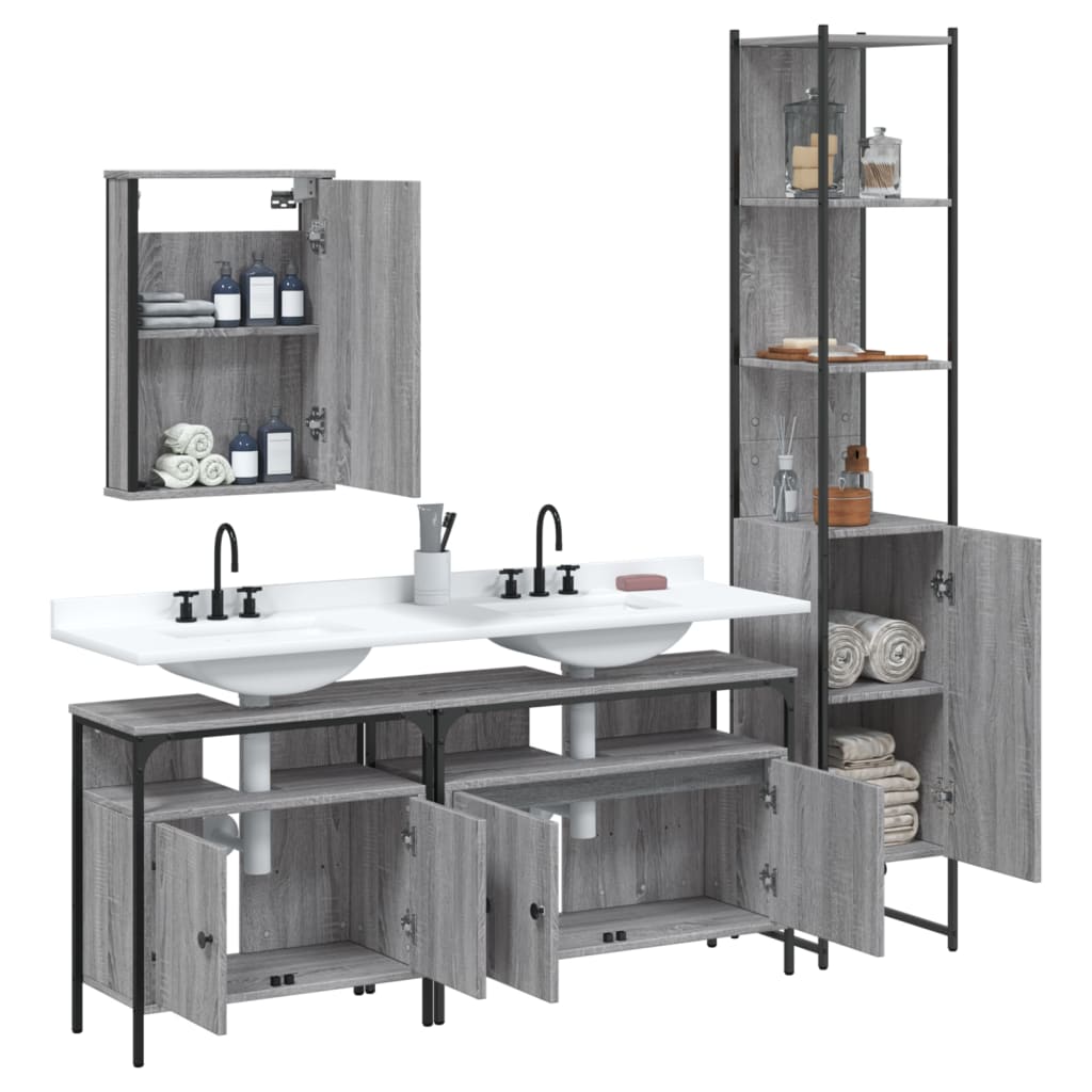 vidaXL Set mobilier de baie, 4 piese, gri sonoma, lemn prelucrat