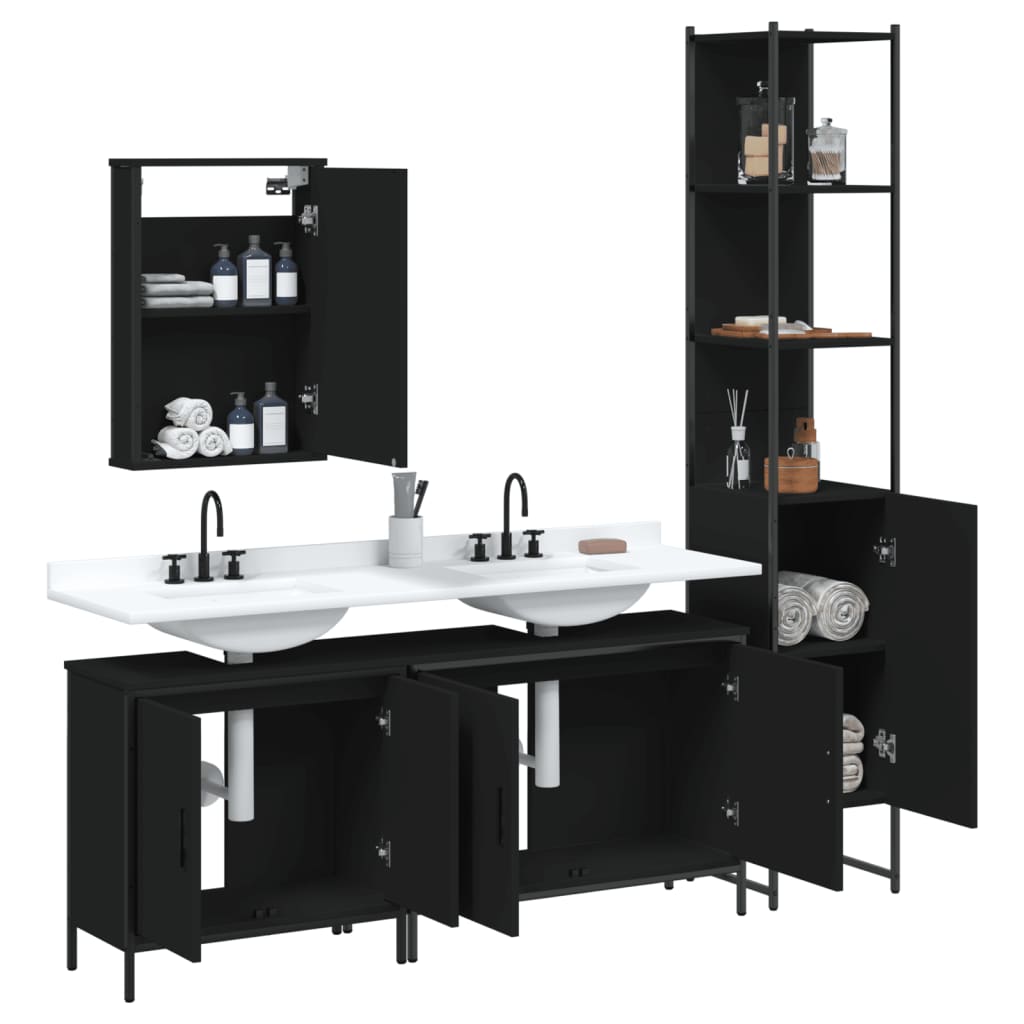 vidaXL Set mobilier de baie, 4 piese, negru, lemn prelucrat