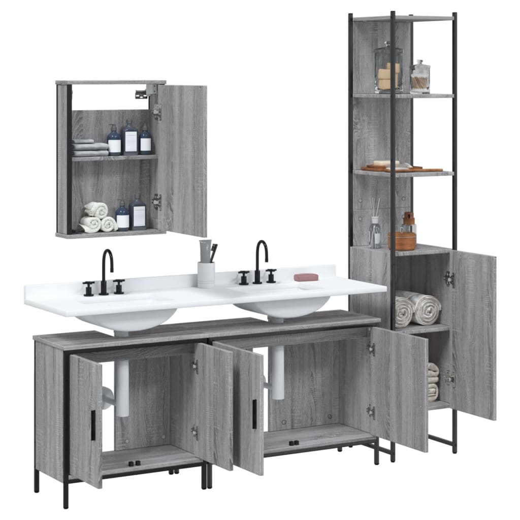 vidaXL Set mobilier de baie, 4 piese, gri sonoma, lemn prelucrat