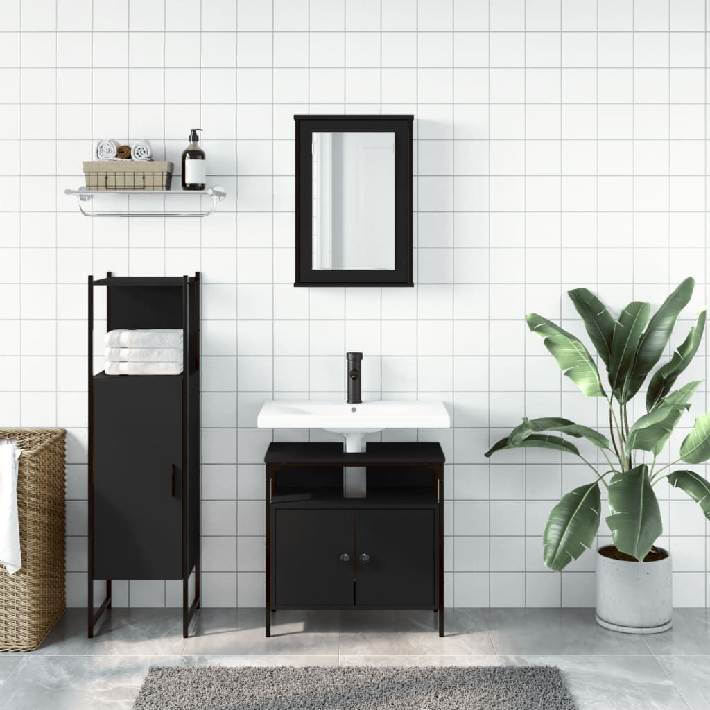 vidaXL Set mobilier de baie, 3 piese, negru, lemn compozit vidaXL Set mobilier de baie, 3 piese, negru, lemn compozit