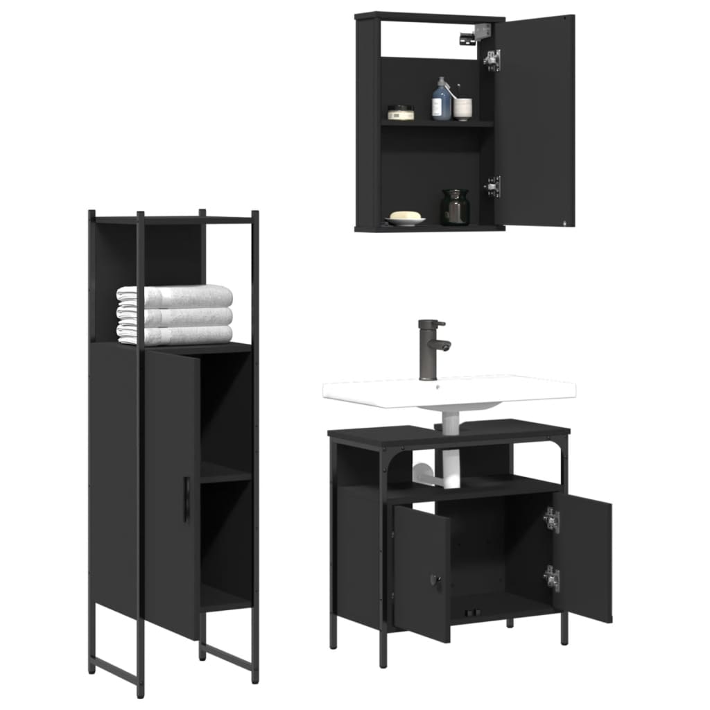 vidaXL Set mobilier de baie, 3 piese, negru, lemn compozit vidaXL Set mobilier de baie, 3 piese, negru, lemn compozit