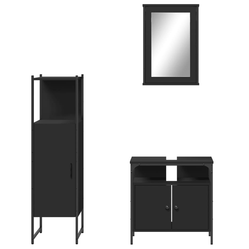 vidaXL Set mobilier de baie, 3 piese, negru, lemn compozit vidaXL Set mobilier de baie, 3 piese, negru, lemn compozit