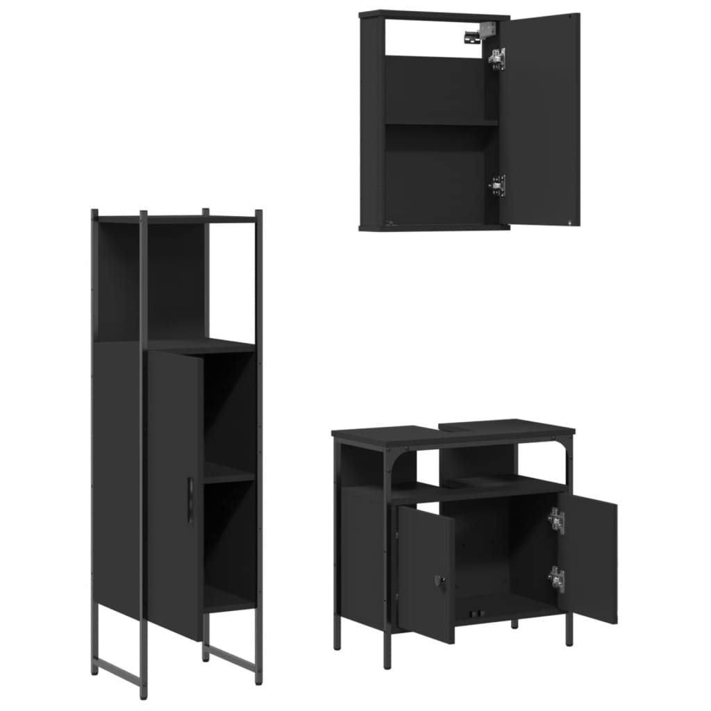 vidaXL Set mobilier de baie, 3 piese, negru, lemn compozit vidaXL Set mobilier de baie, 3 piese, negru, lemn compozit