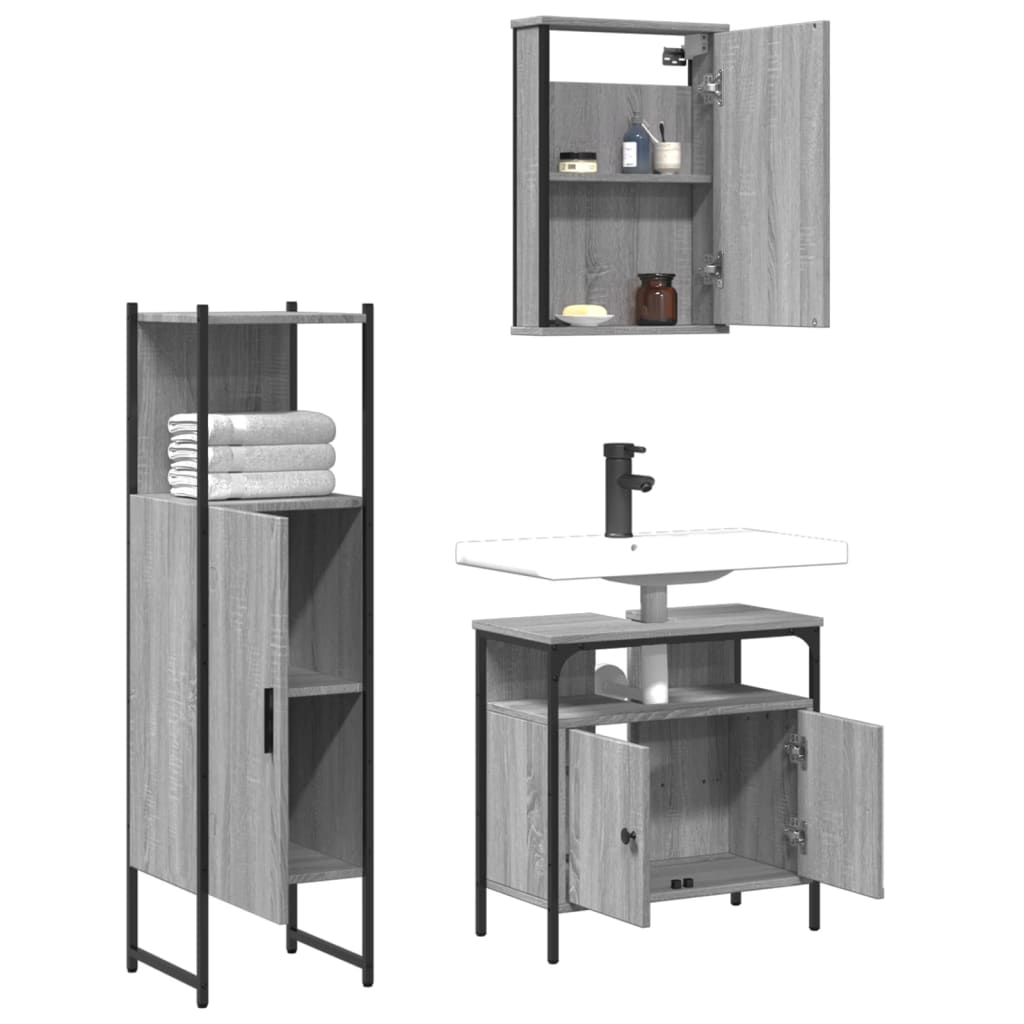 vidaXL Set mobilier de baie, 3 piese, gri sonoma, lemn prelucrat vidaXL Set mobilier de baie, 3 piese, gri sonoma, lemn prelucrat