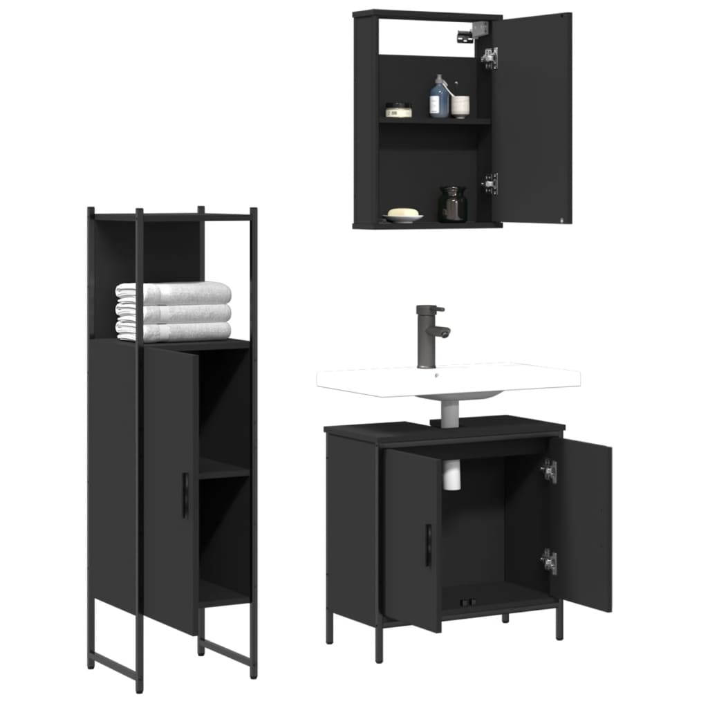 vidaXL Set mobilier de baie, 3 piese, negru, lemn compozit vidaXL Set mobilier de baie, 3 piese, negru, lemn compozit