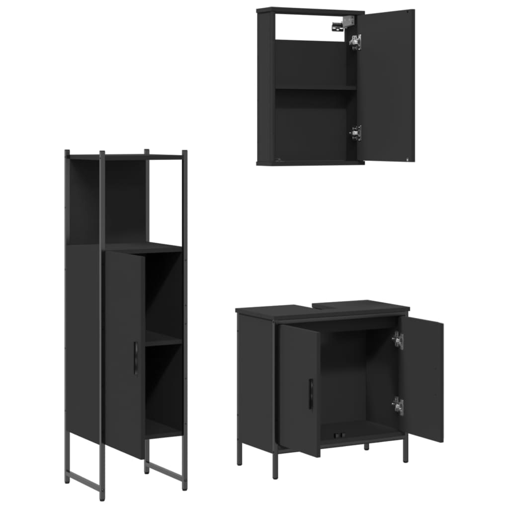 vidaXL Set mobilier de baie, 3 piese, negru, lemn compozit vidaXL Set mobilier de baie, 3 piese, negru, lemn compozit