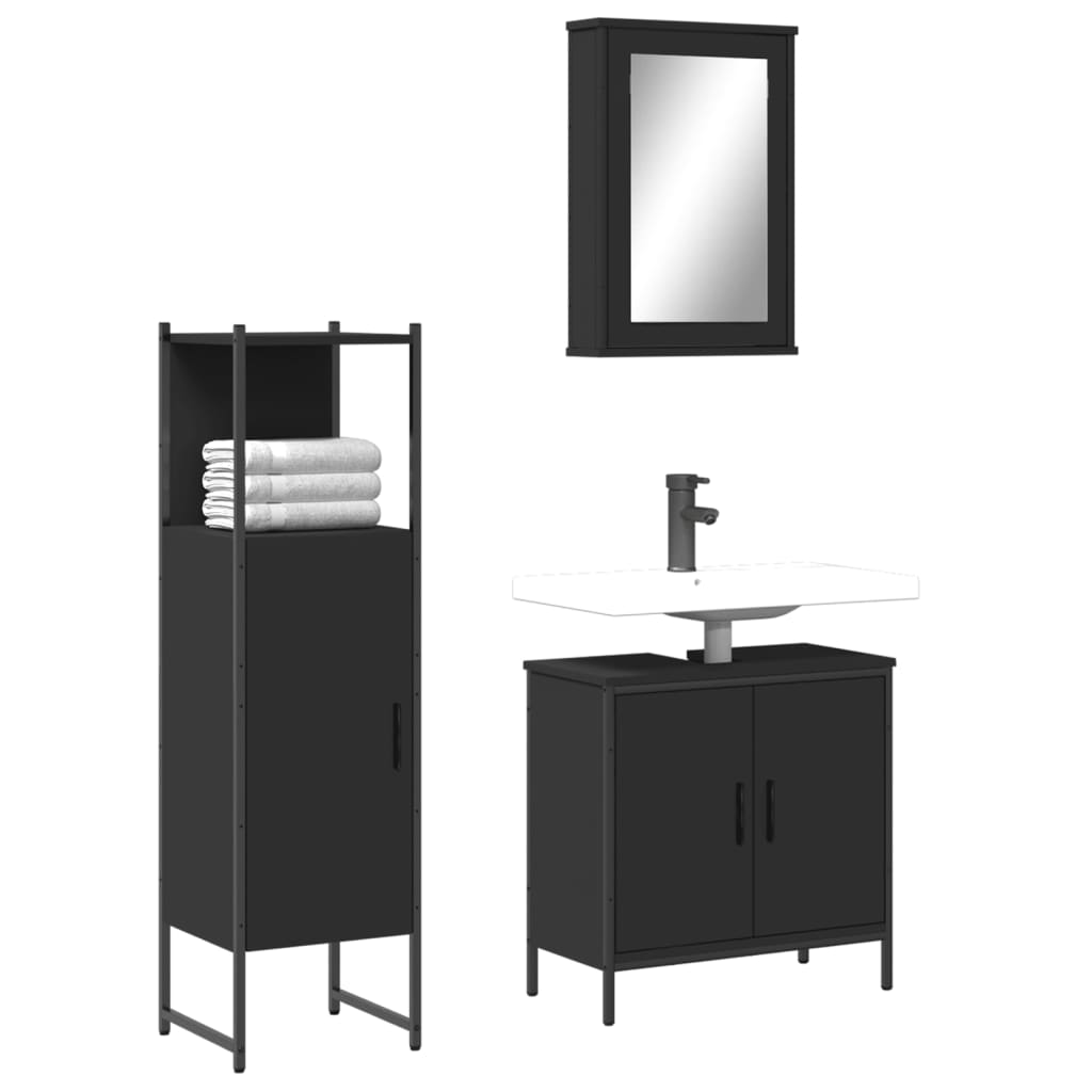 vidaXL Set mobilier de baie, 3 piese, negru, lemn compozit vidaXL Set mobilier de baie, 3 piese, negru, lemn compozit