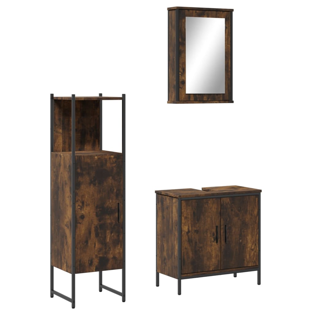 vidaXL Set mobilier de baie, 3 piese, stejar fumuriu, lemn prelucrat