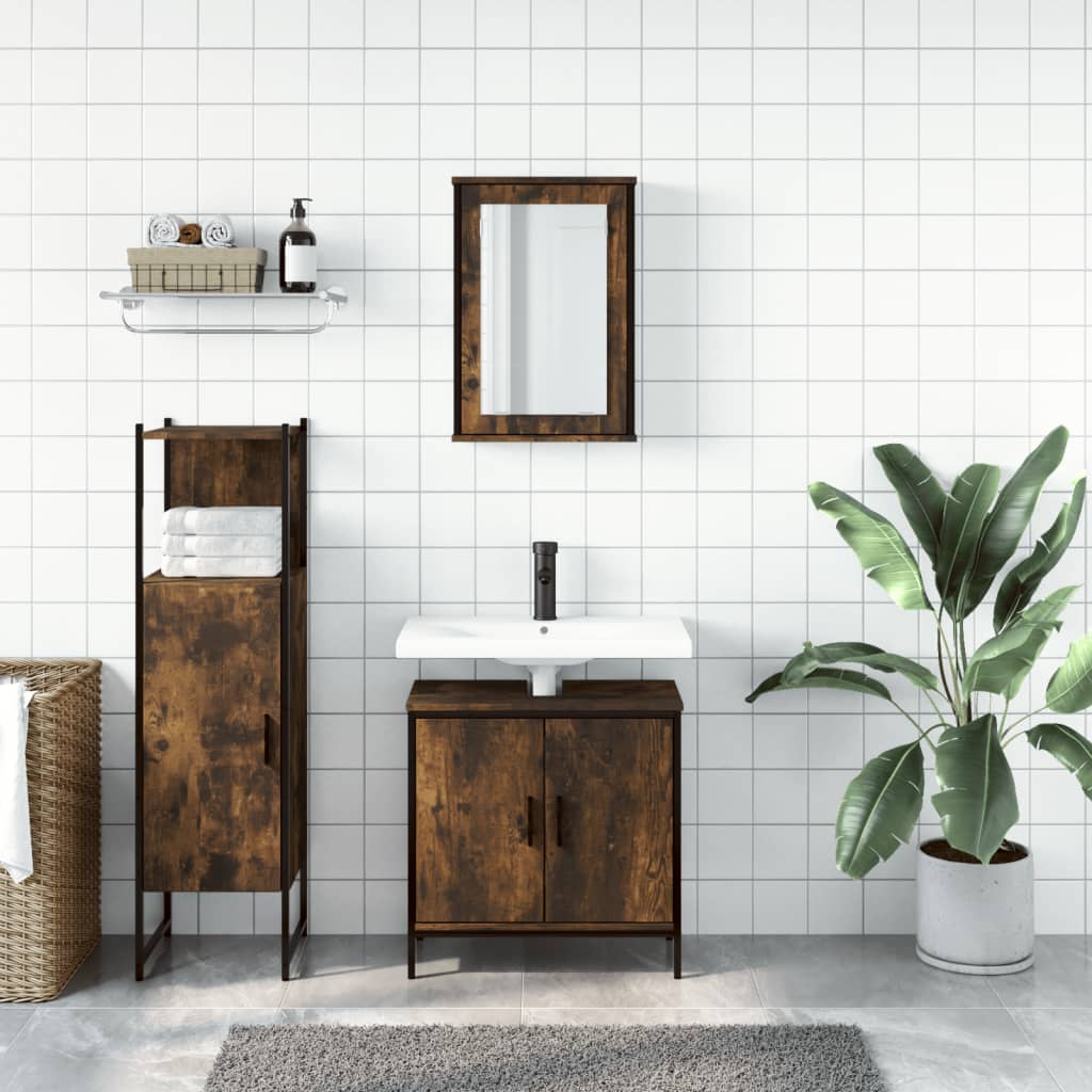 vidaXL Set mobilier de baie, 3 piese, stejar fumuriu, lemn prelucrat