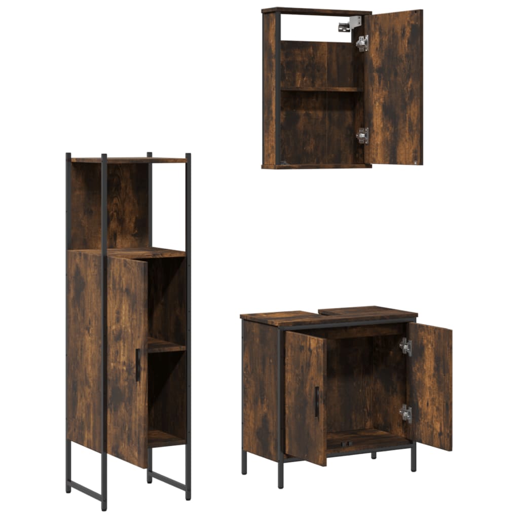 vidaXL Set mobilier de baie, 3 piese, stejar fumuriu, lemn prelucrat