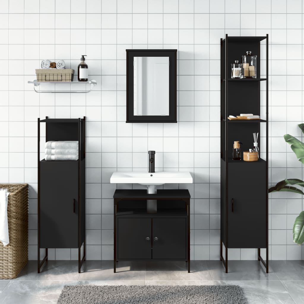 vidaXL Set mobilier de baie, 4 piese, negru, lemn prelucrat