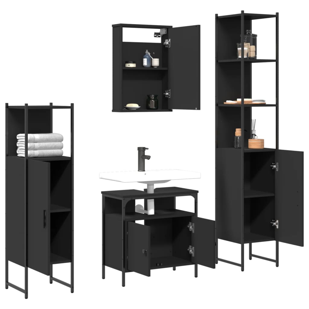 vidaXL Set mobilier de baie, 4 piese, negru, lemn prelucrat