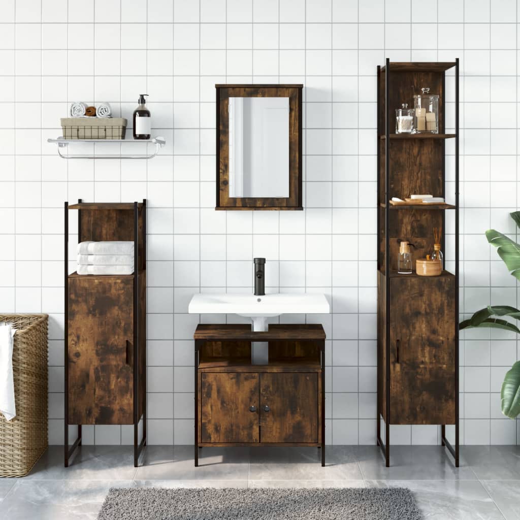vidaXL Set mobilier de baie, 4 piese, stejar fumuriu, lemn prelucrat