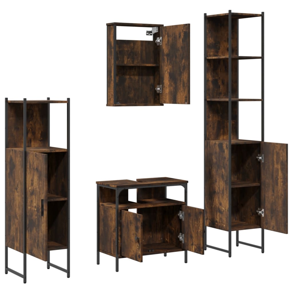 vidaXL Set mobilier de baie, 4 piese, stejar fumuriu, lemn prelucrat