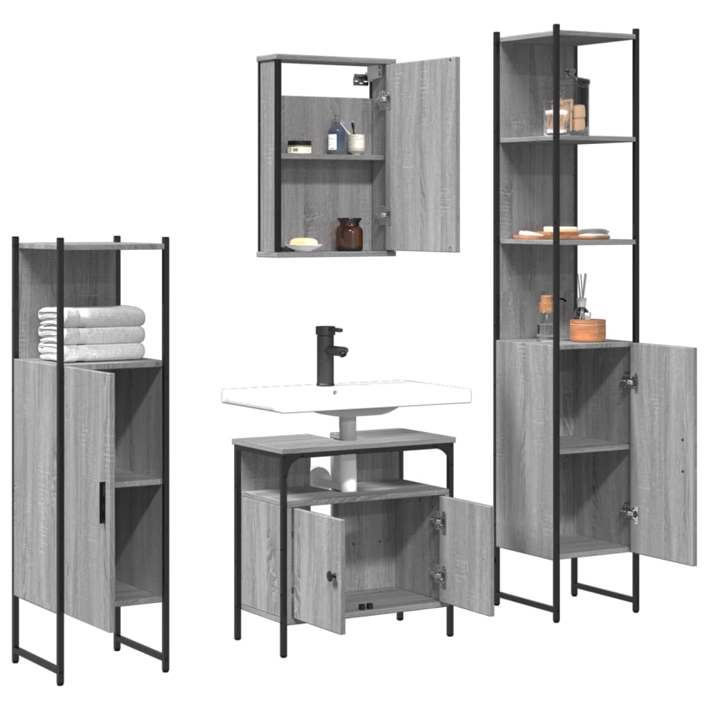 vidaXL Set mobilier de baie, 4 piese, gri sonoma, lemn prelucrat