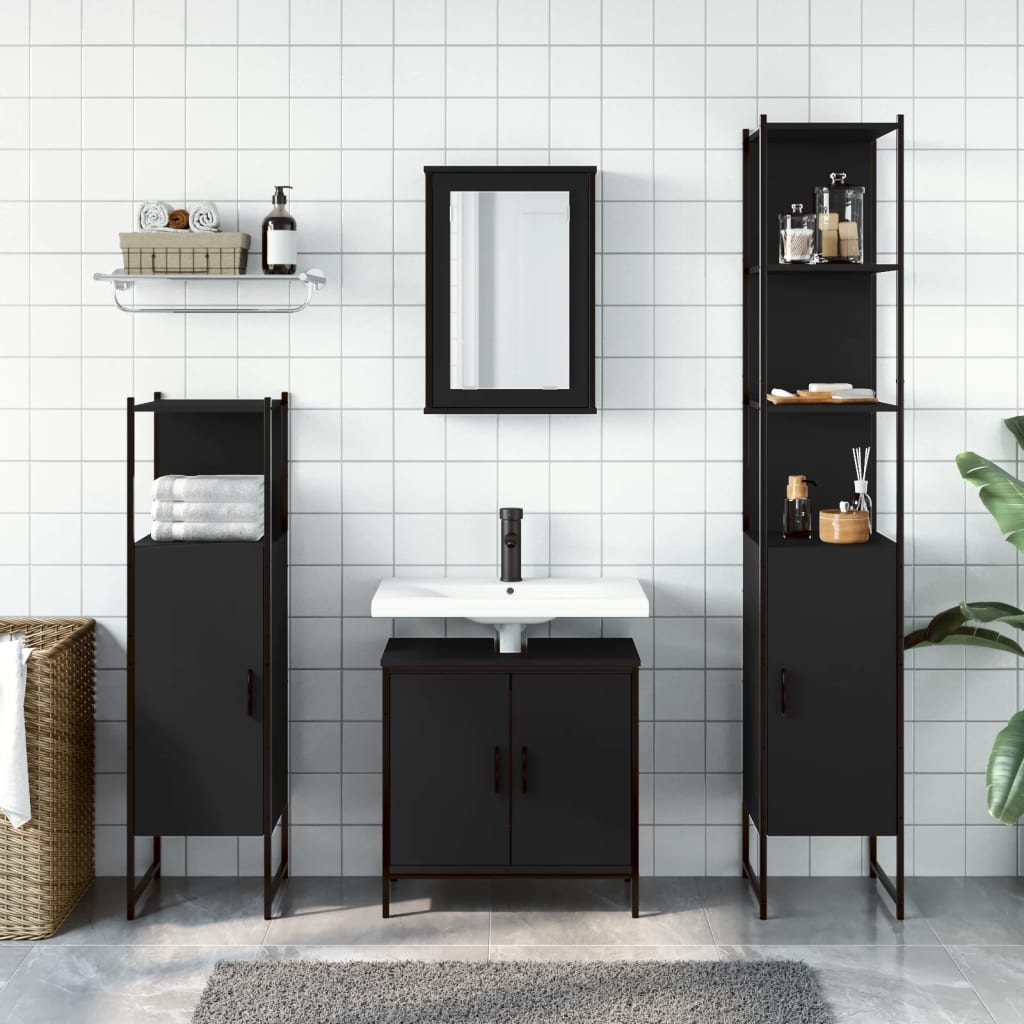 vidaXL Set mobilier de baie, 4 piese, negru, lemn prelucrat