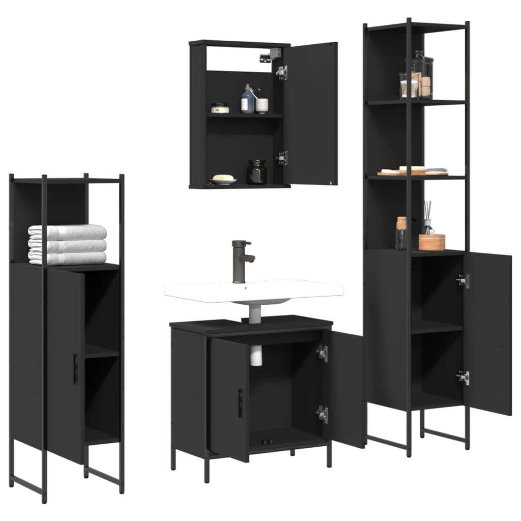 vidaXL Set mobilier de baie, 4 piese, negru, lemn prelucrat
