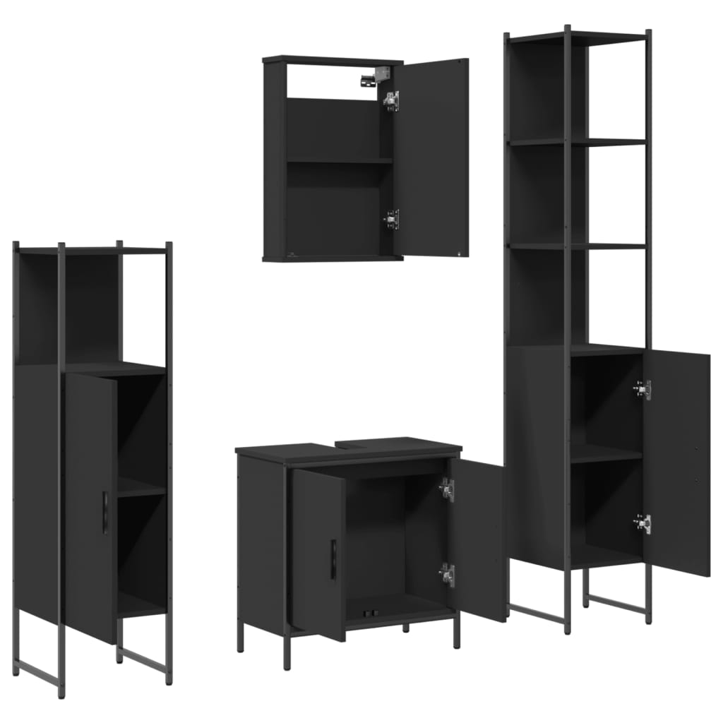 vidaXL Set mobilier de baie, 4 piese, negru, lemn prelucrat