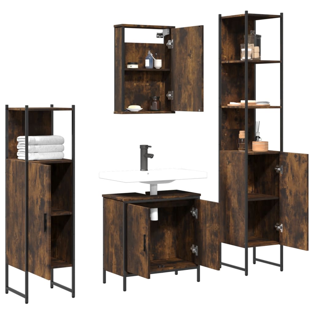 vidaXL Set mobilier de baie, 4 piese, stejar fumuriu, lemn prelucrat