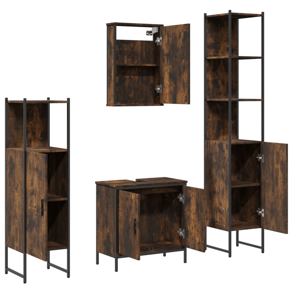 vidaXL Set mobilier de baie, 4 piese, stejar fumuriu, lemn prelucrat