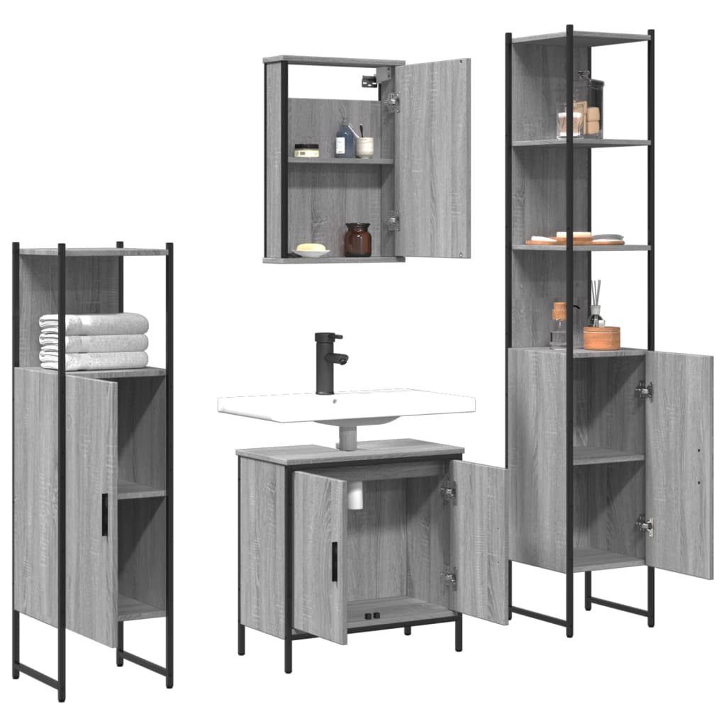 vidaXL Set mobilier de baie, 4 piese, gri sonoma, lemn prelucrat