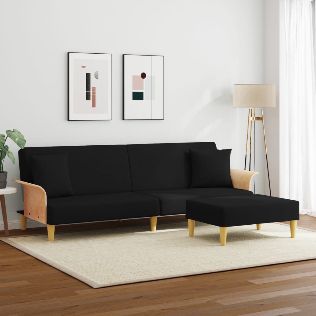 vidaXL Canapea extensibilă cu pernuță și taburet 2locuri negru catifea