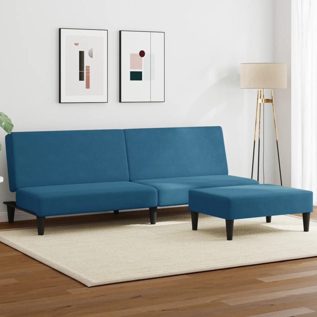 vidaXL Canapea extensibilă cu 2 locuri și taburet, albastru, catifea vidaXL Canapea extensibilă cu 2 locuri și taburet, albastru, catifea