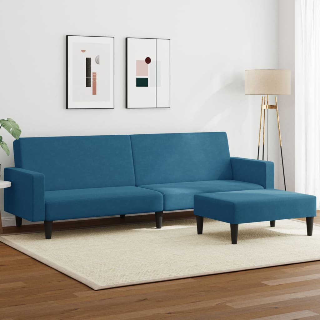 vidaXL Canapea extensibilă cu 2 locuri și taburet, albastru, catifea vidaXL Canapea extensibilă cu 2 locuri și taburet, albastru, catifea