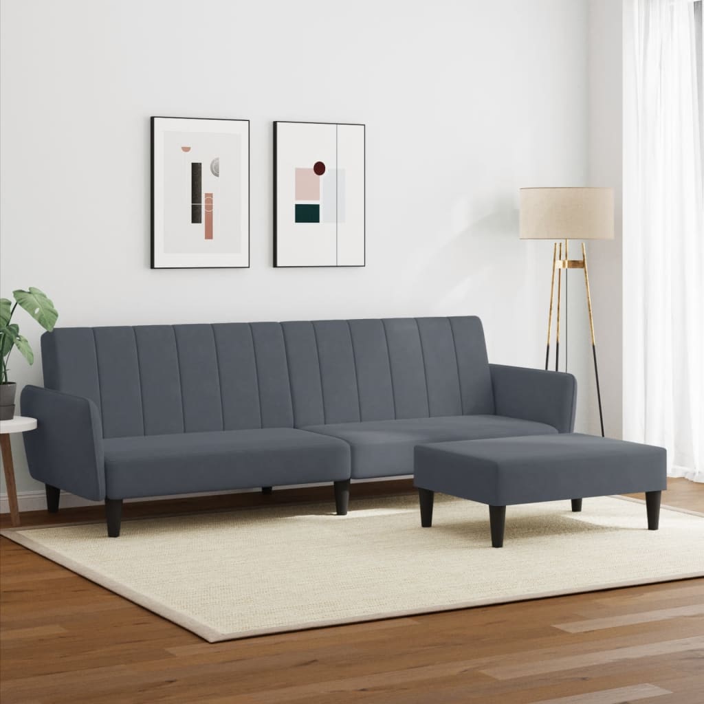 vidaXL Canapea extensibilă cu taburet, 2 locuri, gri închis, catifea