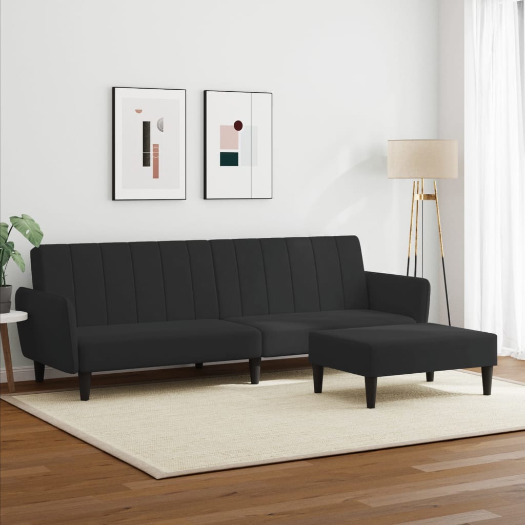 vidaXL Canapea extensibilă cu taburet, 2 locuri, negru, catifea vidaXL Canapea extensibilă cu taburet, 2 locuri, negru, catifea