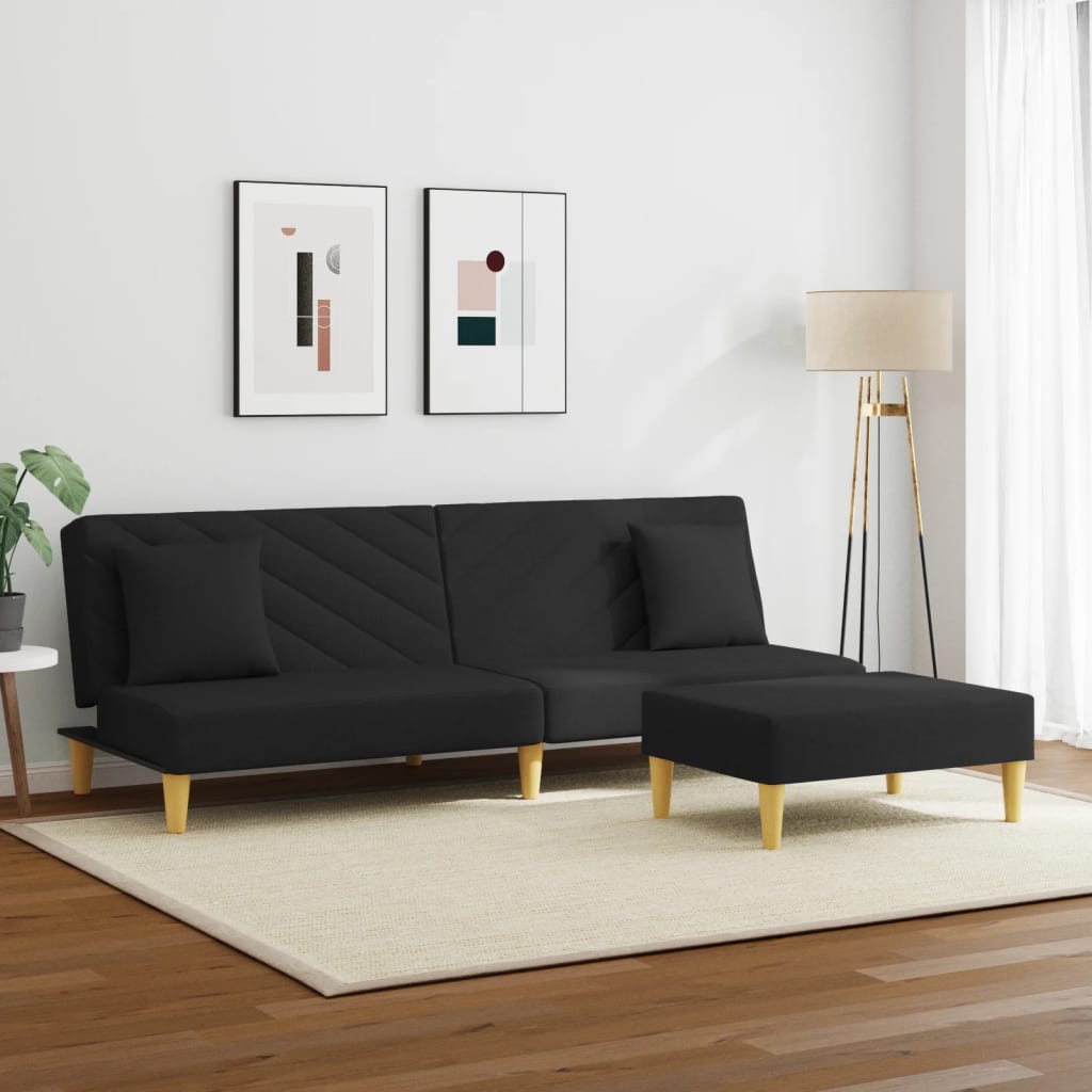 vidaXL Canapea extensibilă cu pernuță și taburet 2locuri negru textil