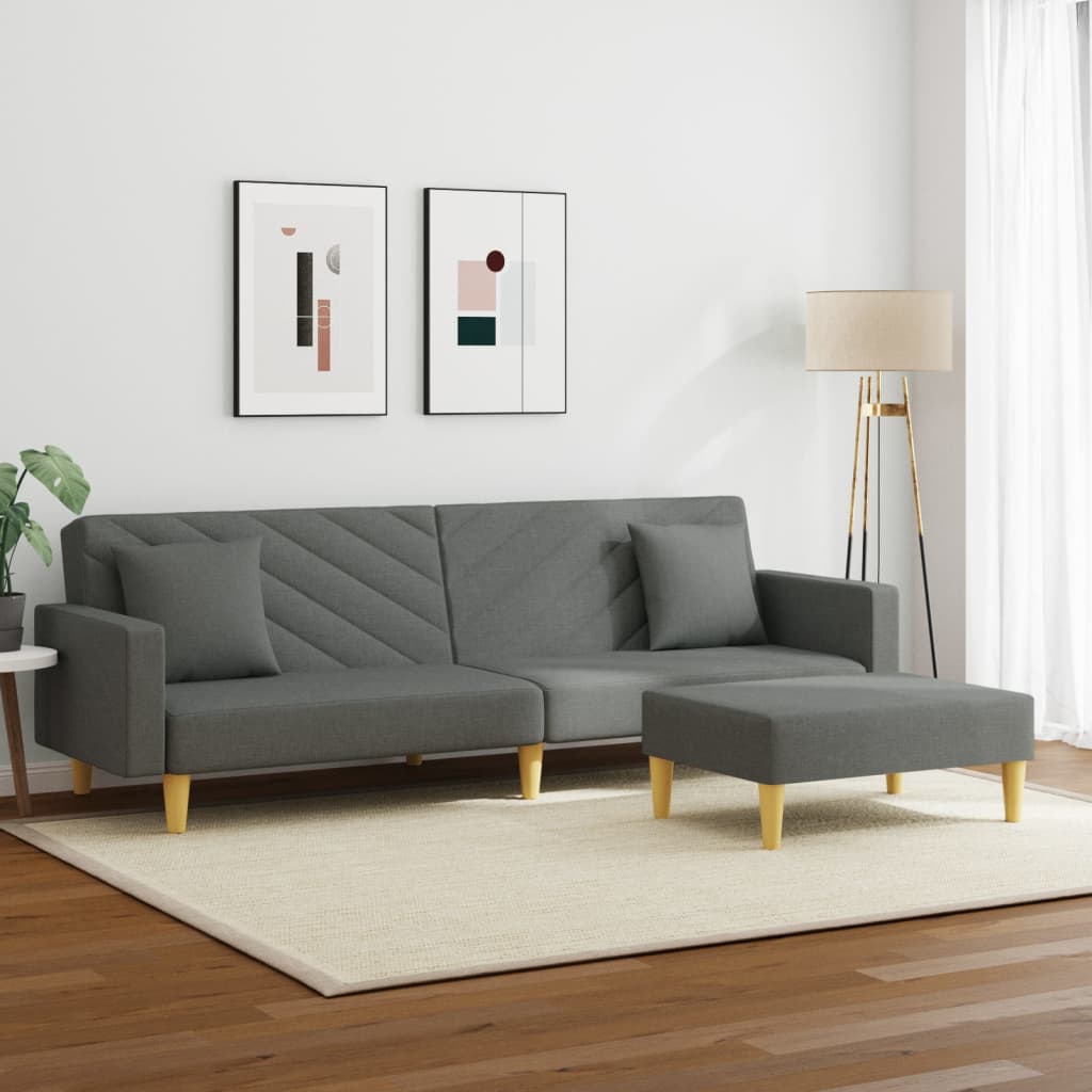 vidaXL Canapea extensibilă 2 locuri/perne/taburet, gri închis, textil vidaXL Canapea extensibilă 2 locuri/perne/taburet, gri închis, textil