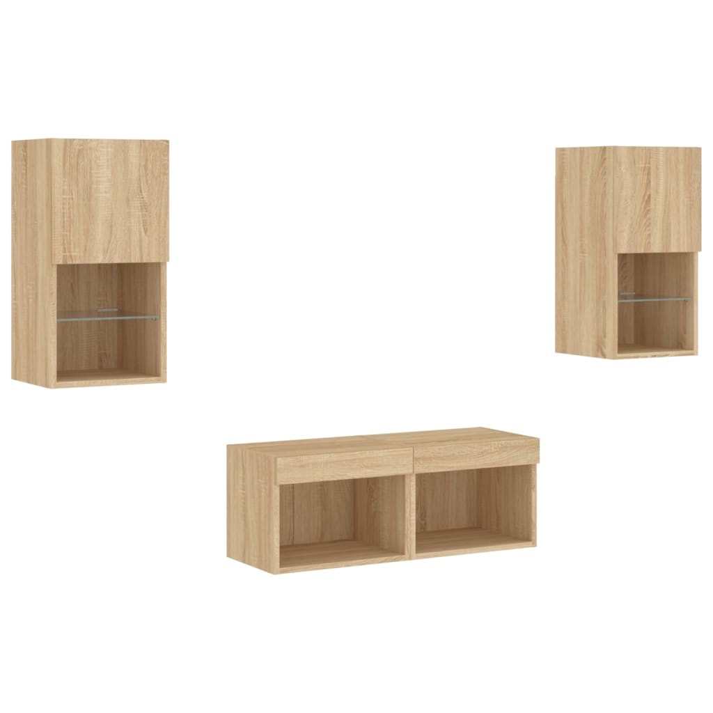 vidaXL Comode TV de perete cu lumini LED, 4 piese, stejar sonoma