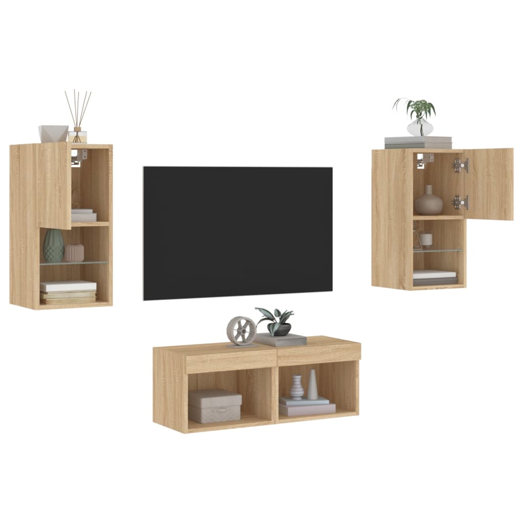 vidaXL Comode TV de perete cu lumini LED, 4 piese, stejar sonoma