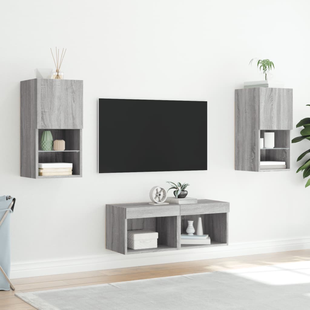 vidaXL Comode TV de perete cu lumini LED, 4 piese, gri sonoma