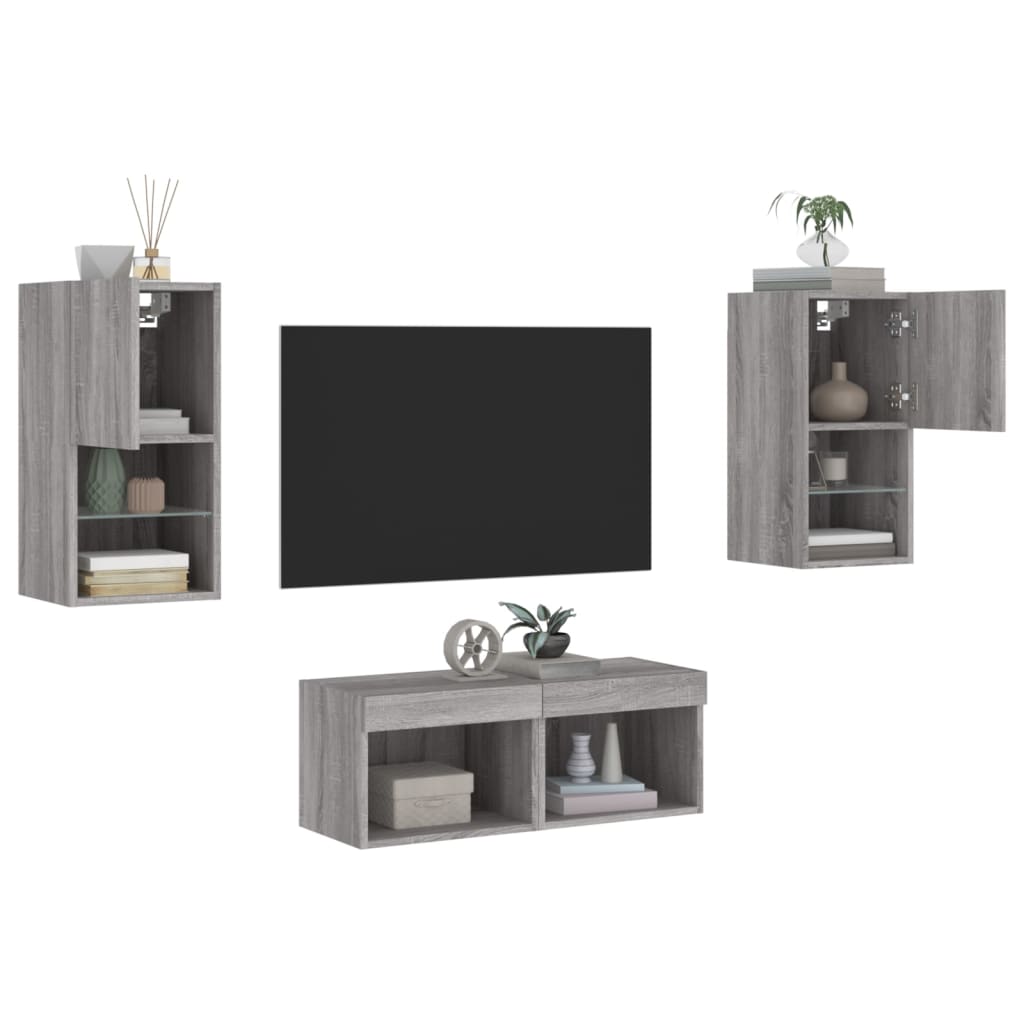 vidaXL Comode TV de perete cu lumini LED, 4 piese, gri sonoma