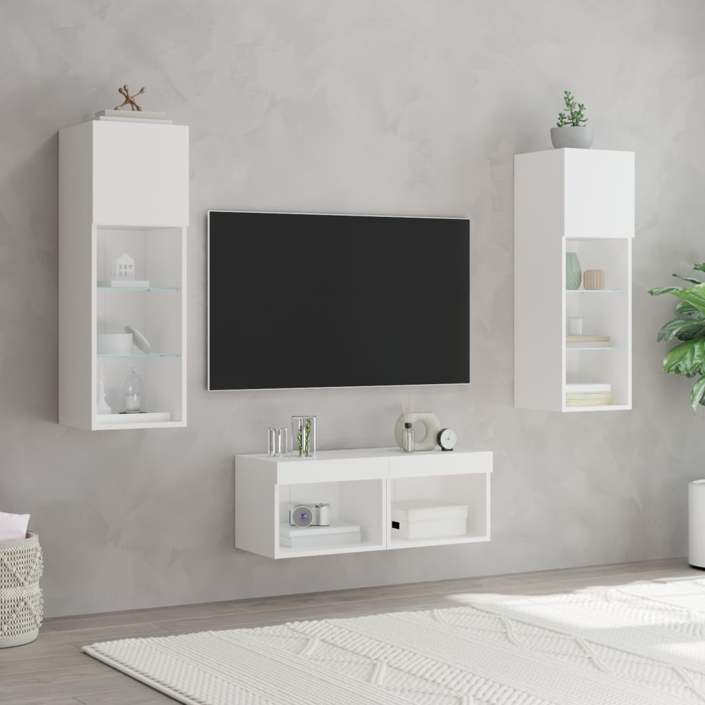 vidaXL Comode TV de perete cu lumini LED, 4 piese, alb