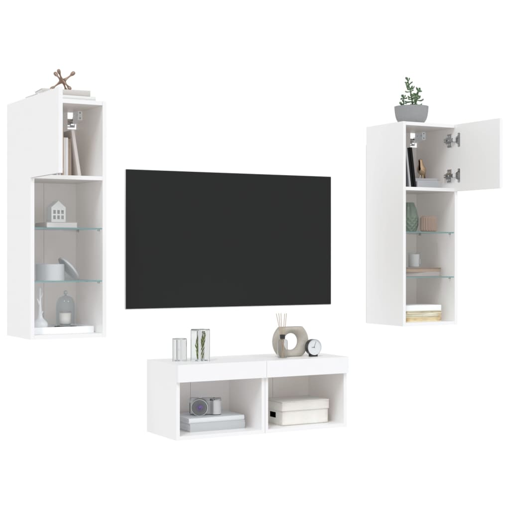 vidaXL Comode TV de perete cu lumini LED, 4 piese, alb