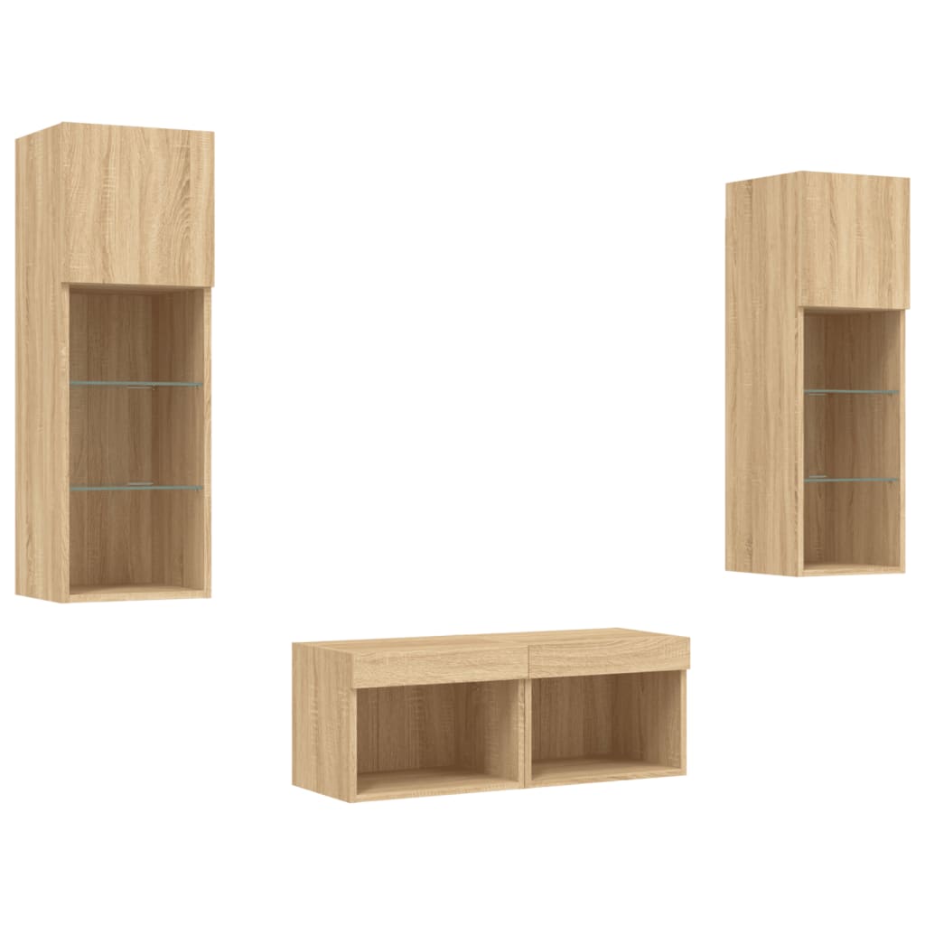 vidaXL Comode TV de perete cu lumini LED, 4 piese, stejar sonoma